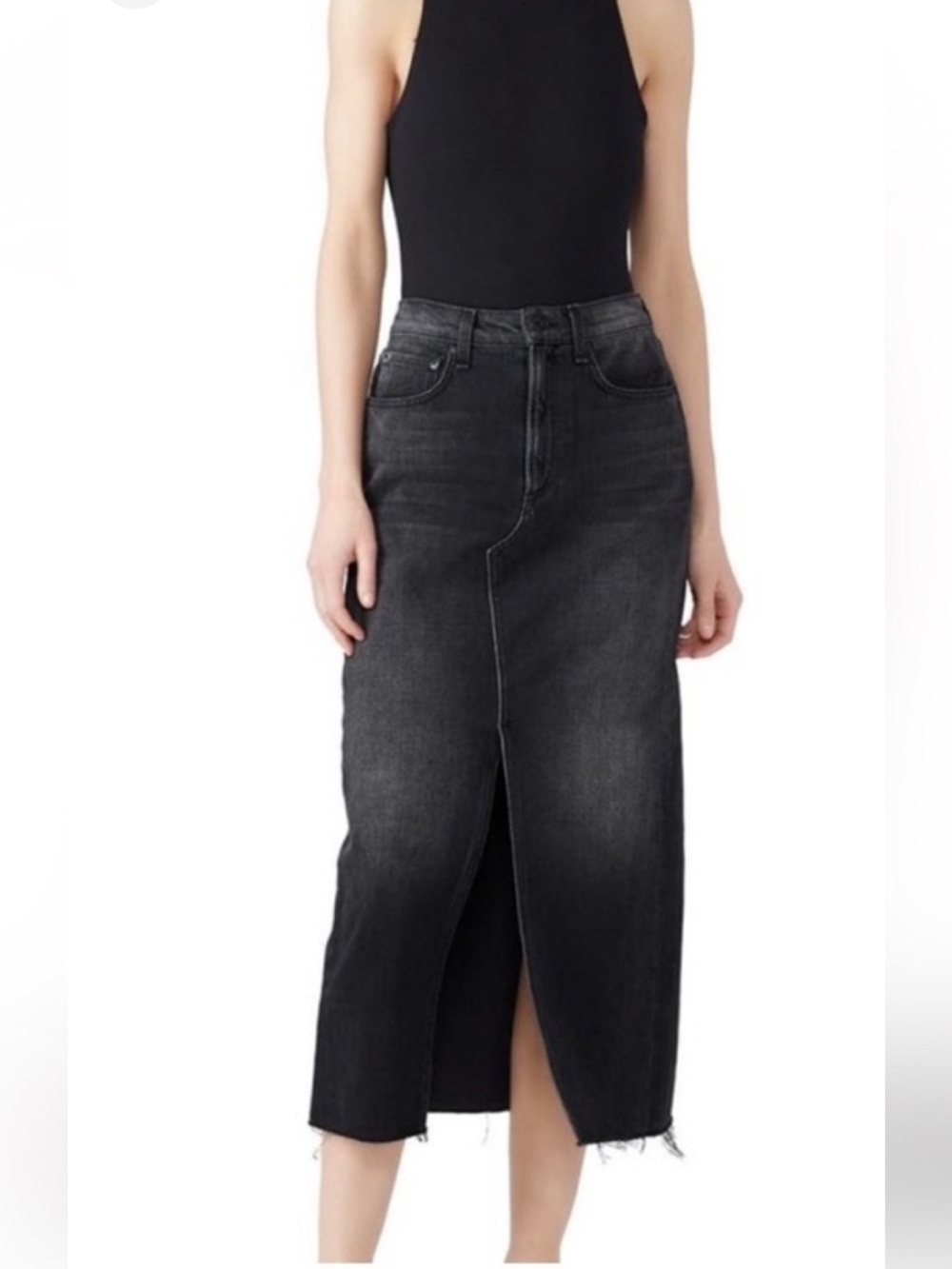 rag & bone Black Washed Denim Midi Skirt with Frayed Hem